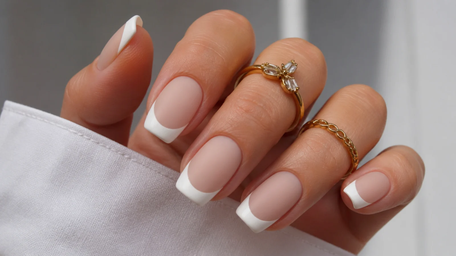 Matte white French tip nails with a soft nude base