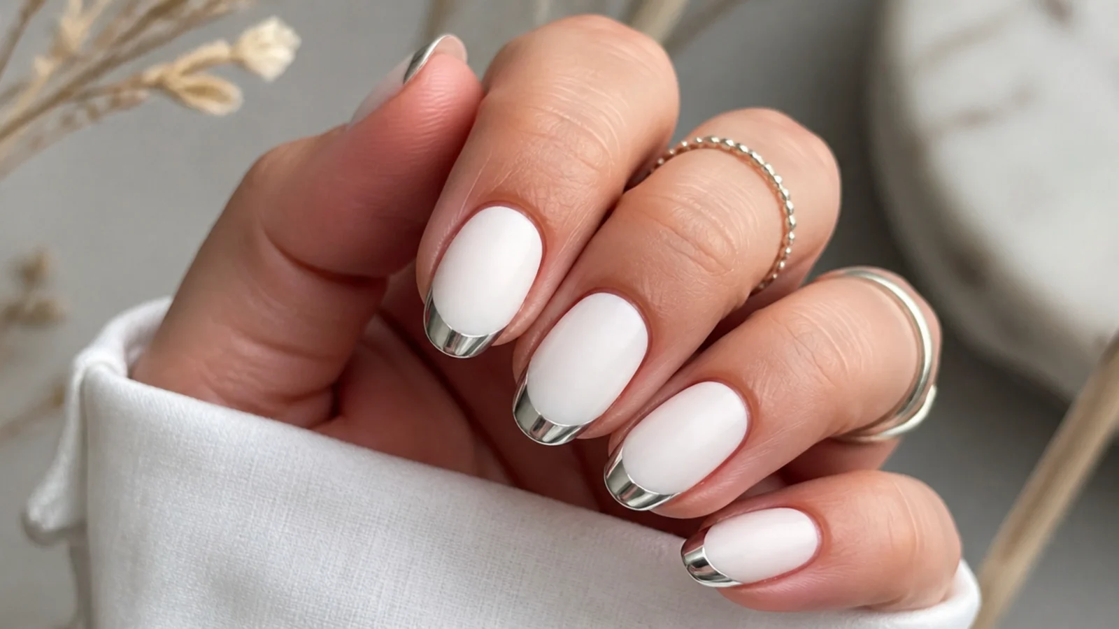 Matte white nails with a shiny silver chrome tip for contrast