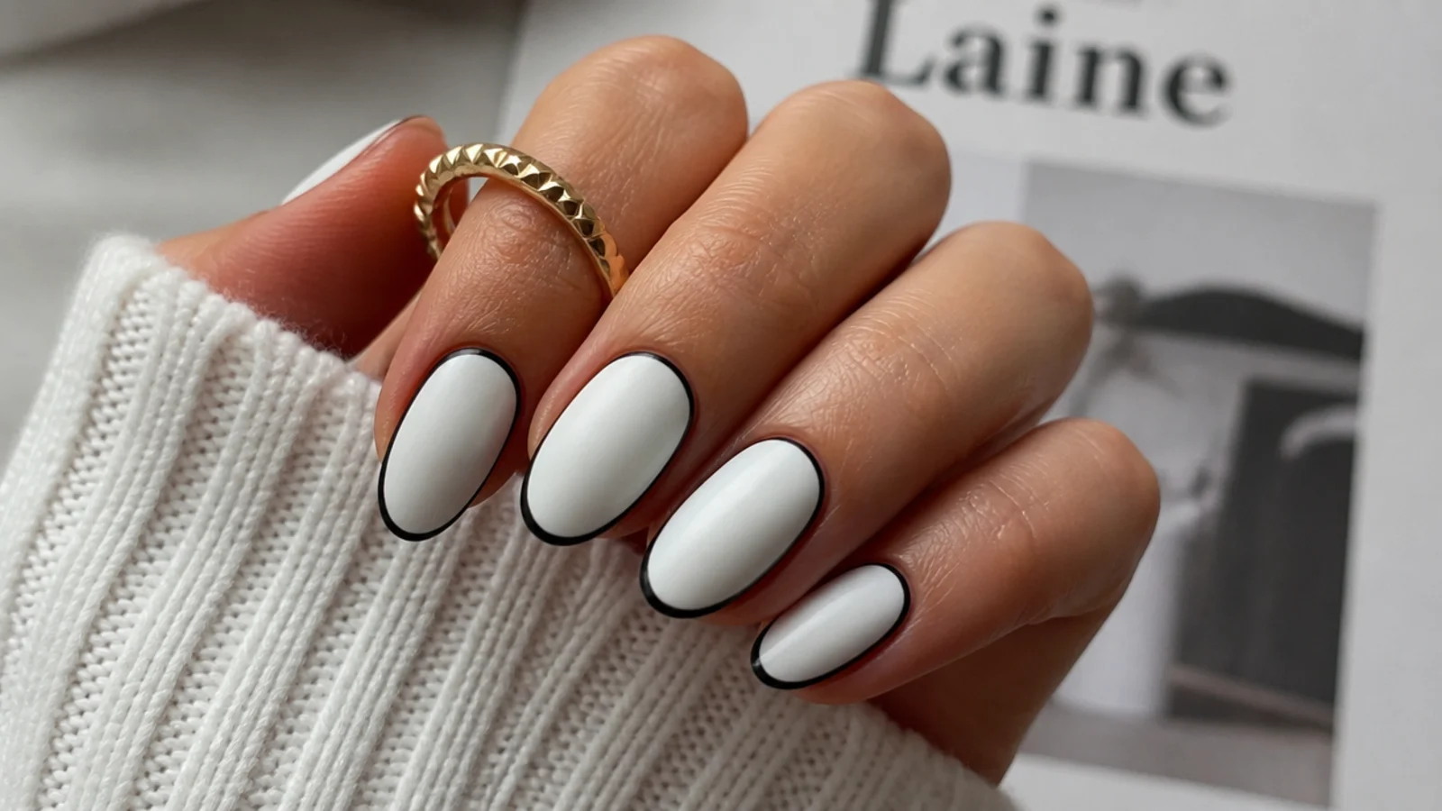 Matte white nails with a fine black outline around each nail