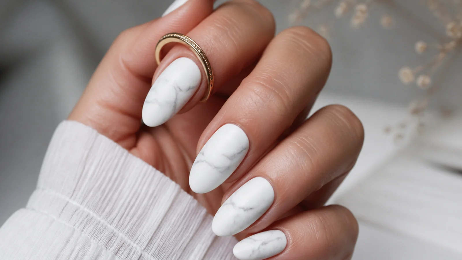 Matte white nails with soft gray marble veining