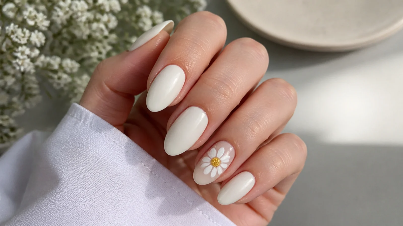 Matte white nails with a small white daisy on one accent nail