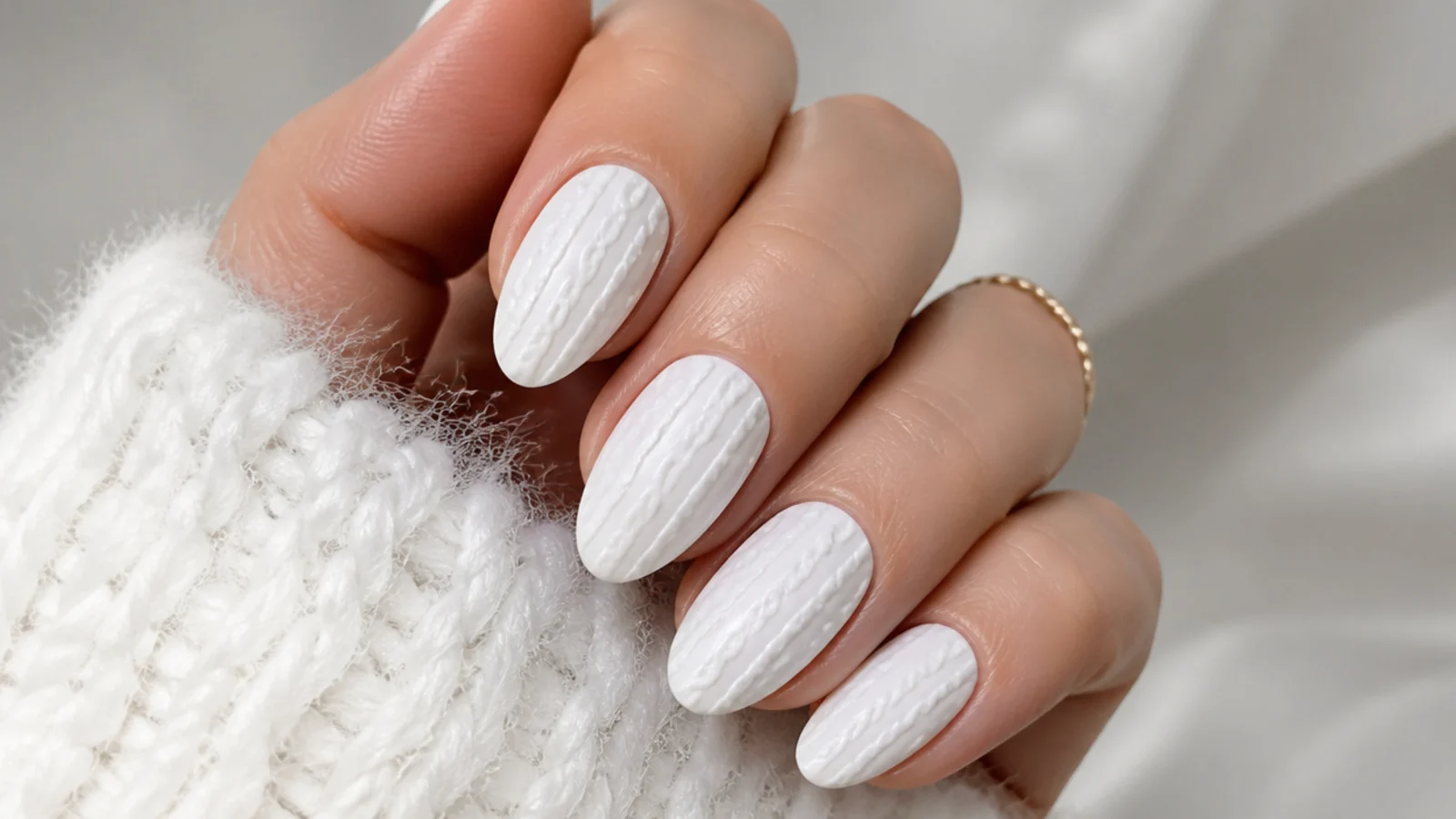 Matte white nails with a raised cable-knit sweater texture