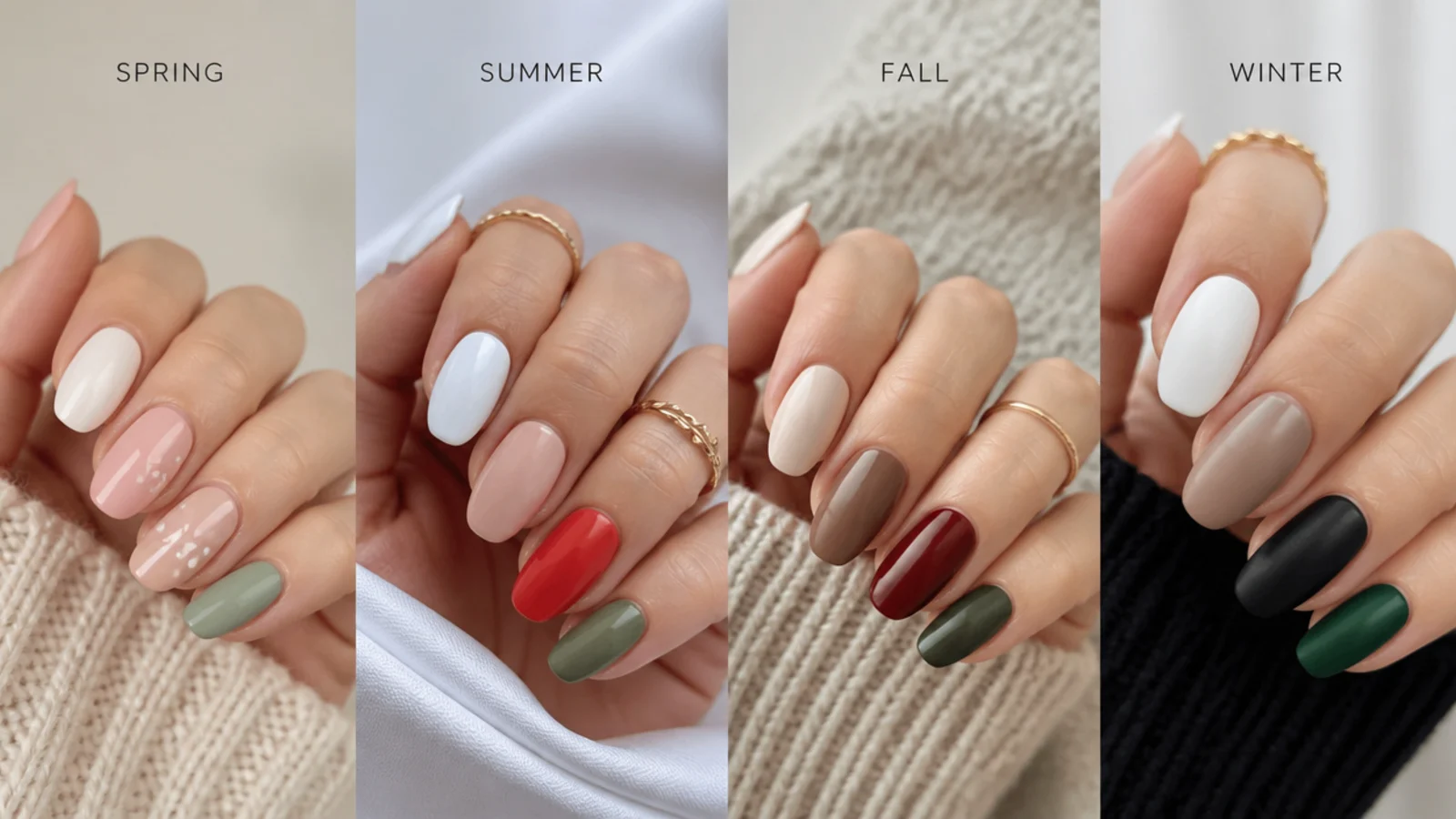 Swatches of matte white, nude, red, black and green nails by season