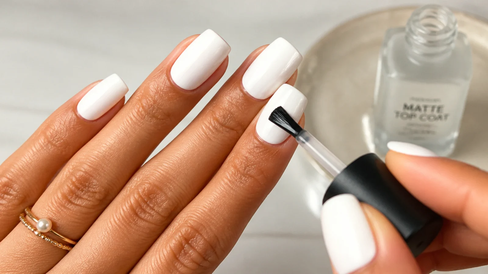 A matte top coat being brushed over a white nail to remove shine