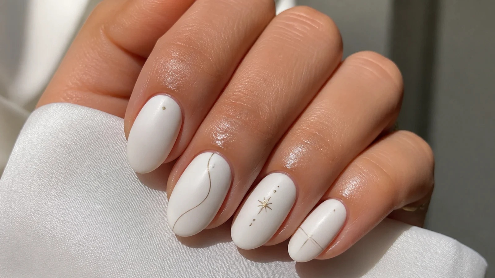 A well-sealed matte white gel manicure with cuticle oil around the nails