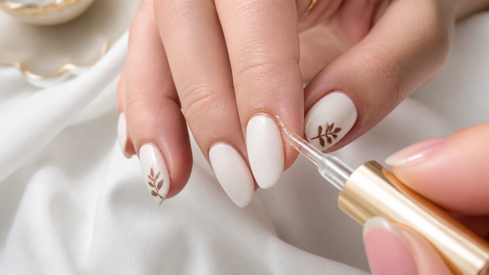 Cuticle oil being applied around a matte white nail, not across it