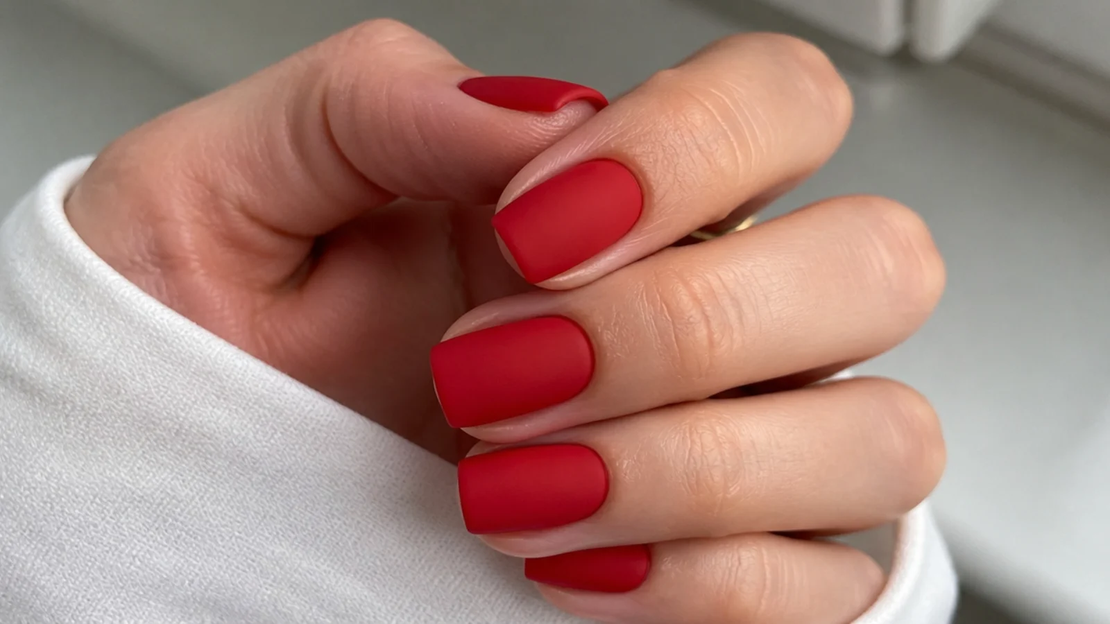 Bright cherry red matte nails on a short square shape