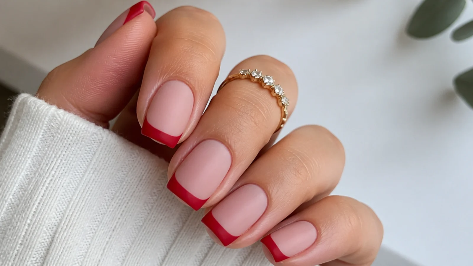 Nude nails with matte red French tips on a squoval shape