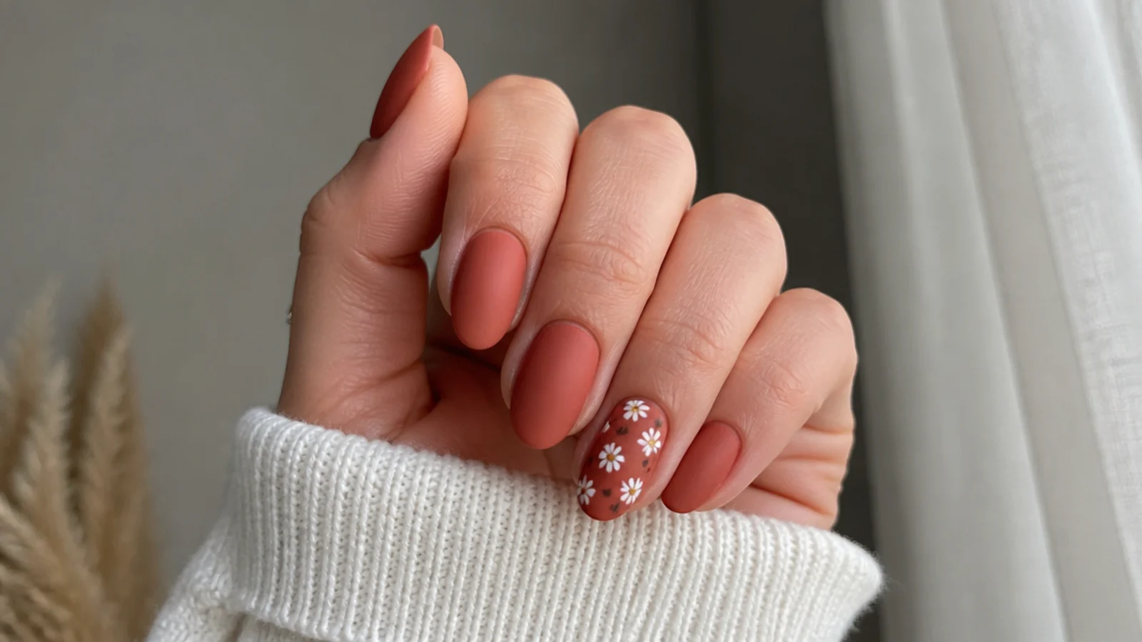 Warm brick red terracotta matte nails on short almond nails
