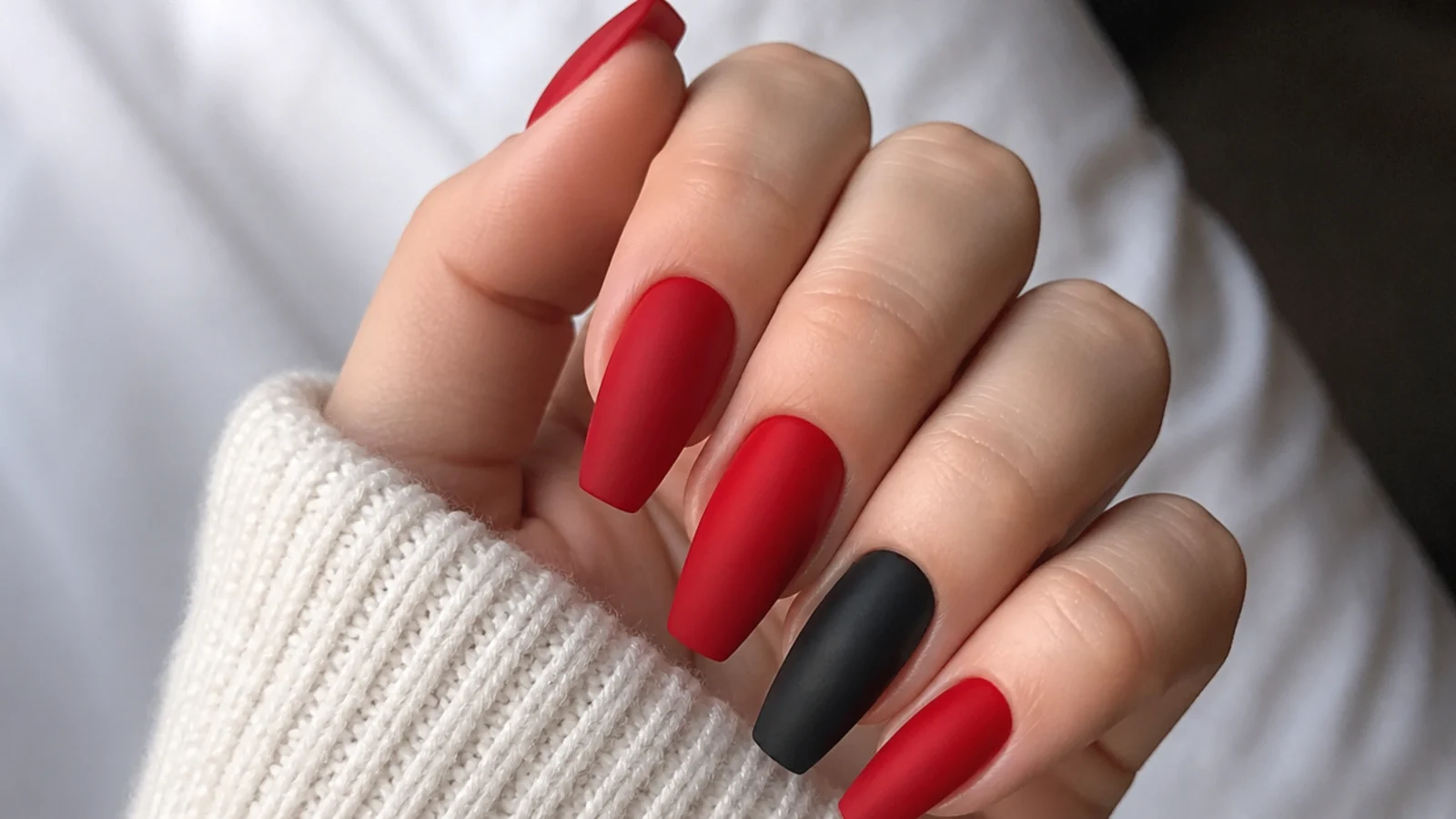 Matte red nails with one matte black accent nail on a coffin shape