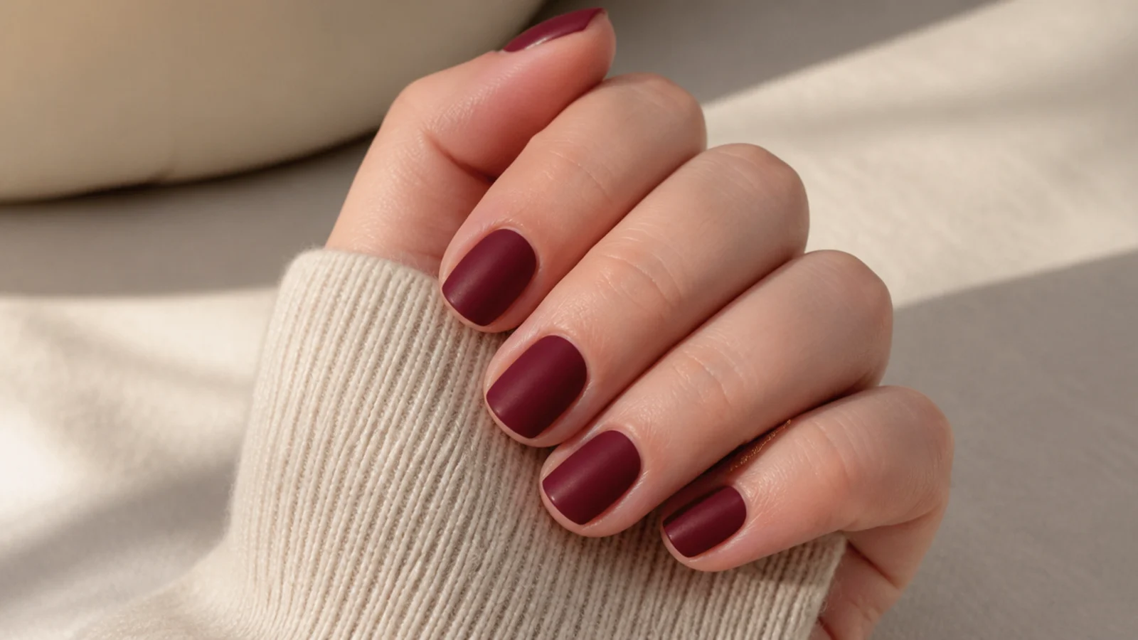 Short natural nails in dark cherry matte finish