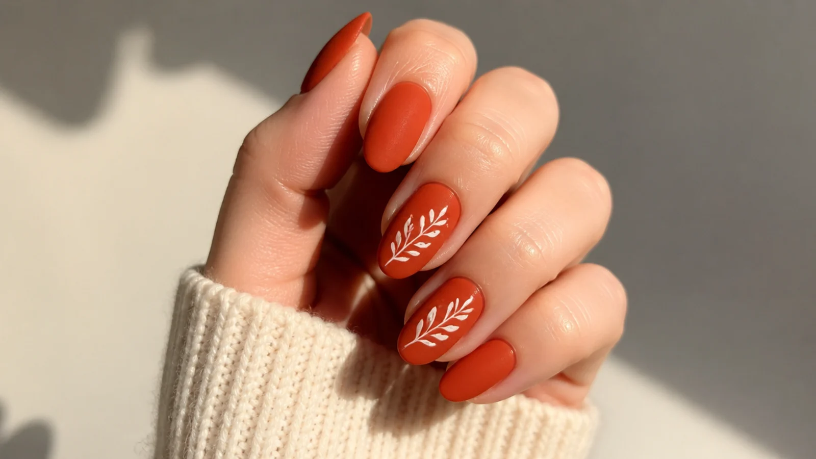 Rusty orange-red matte nails on an almond shape for fall