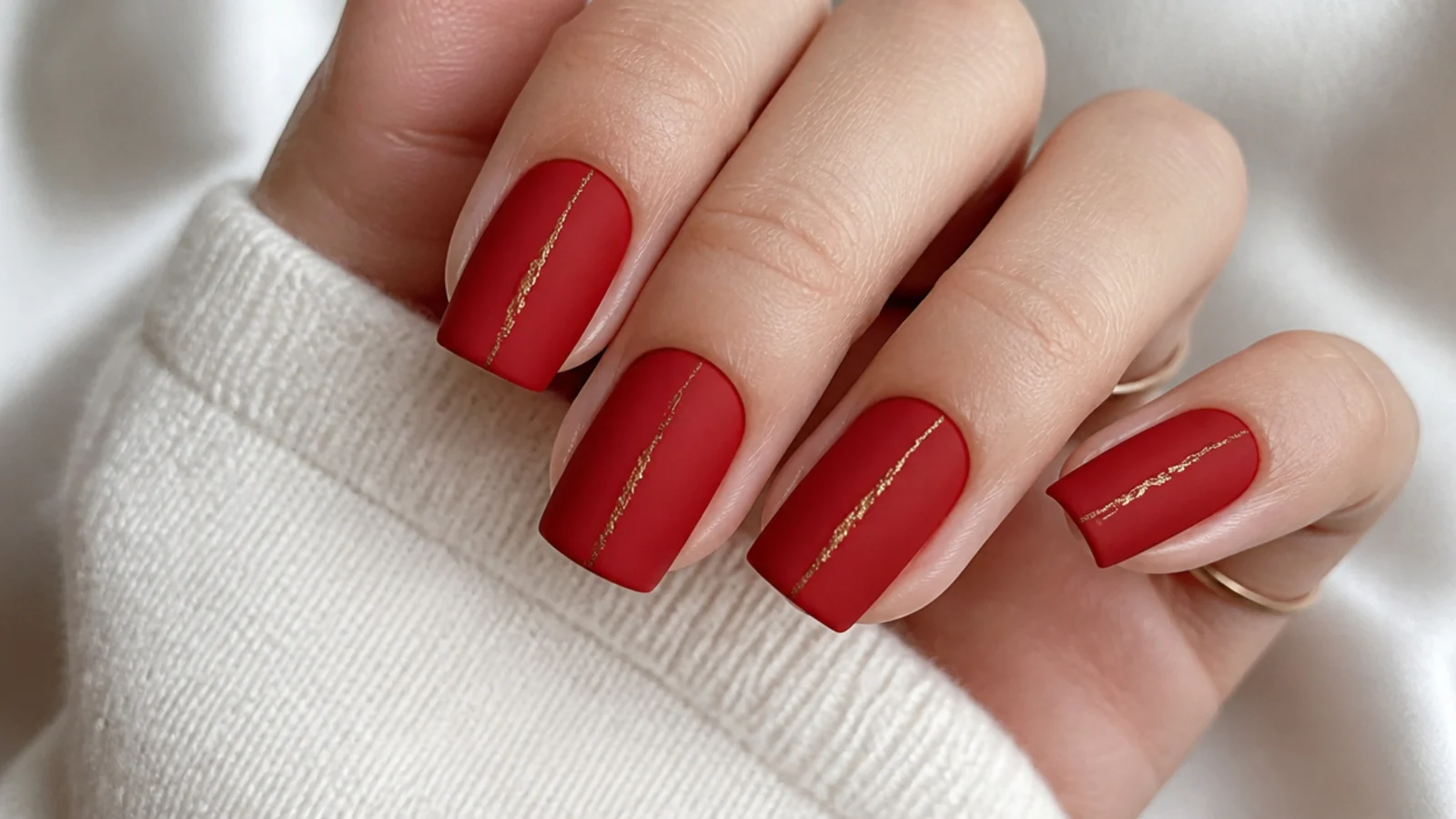 Matte red nails with thin gold foil line accent on a square shape