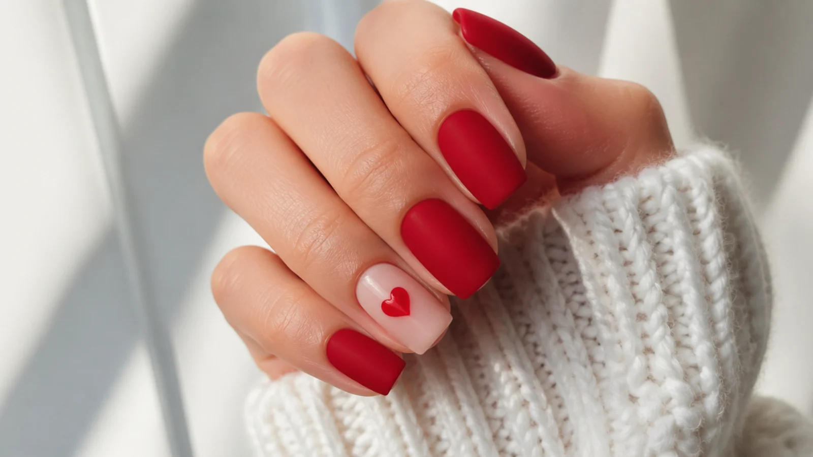 Matte red nails with one small glossy red heart accent