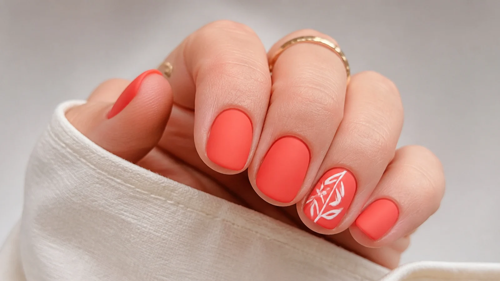 Bright coral red matte nails on a short round shape