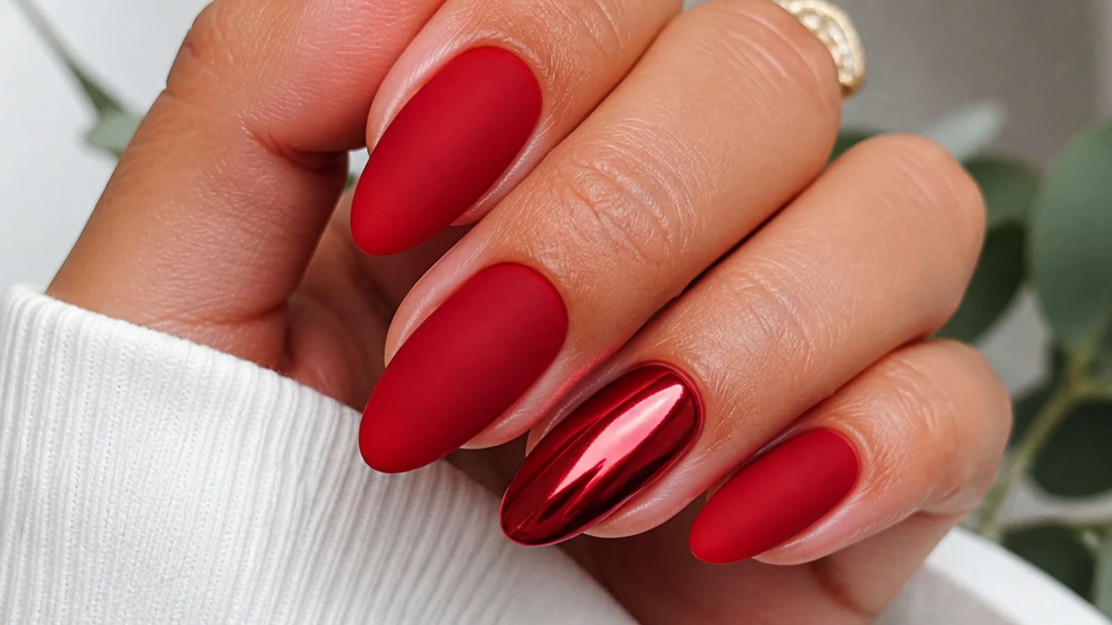 Matte red nails with one mirror chrome red accent nail