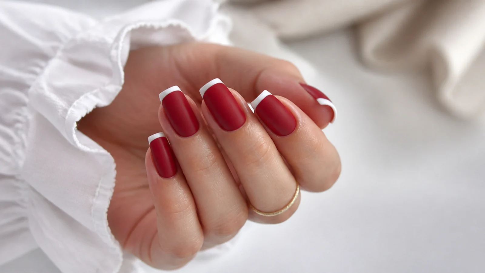 Matte red nails with crisp white French tips on a squoval shape