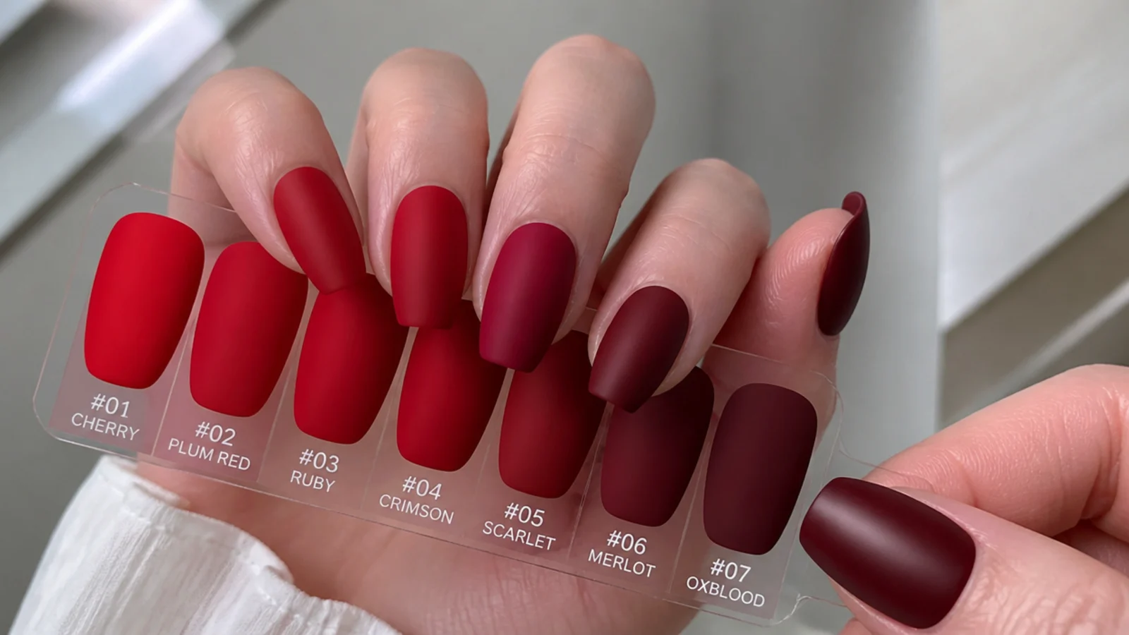 Swatches of matte red shades from bright cherry to deep oxblood