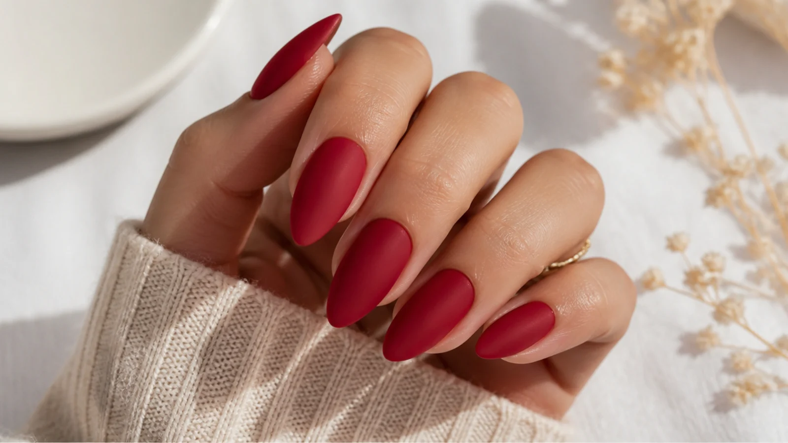 Deep red matte nails in a soft velvety finish on an almond shape