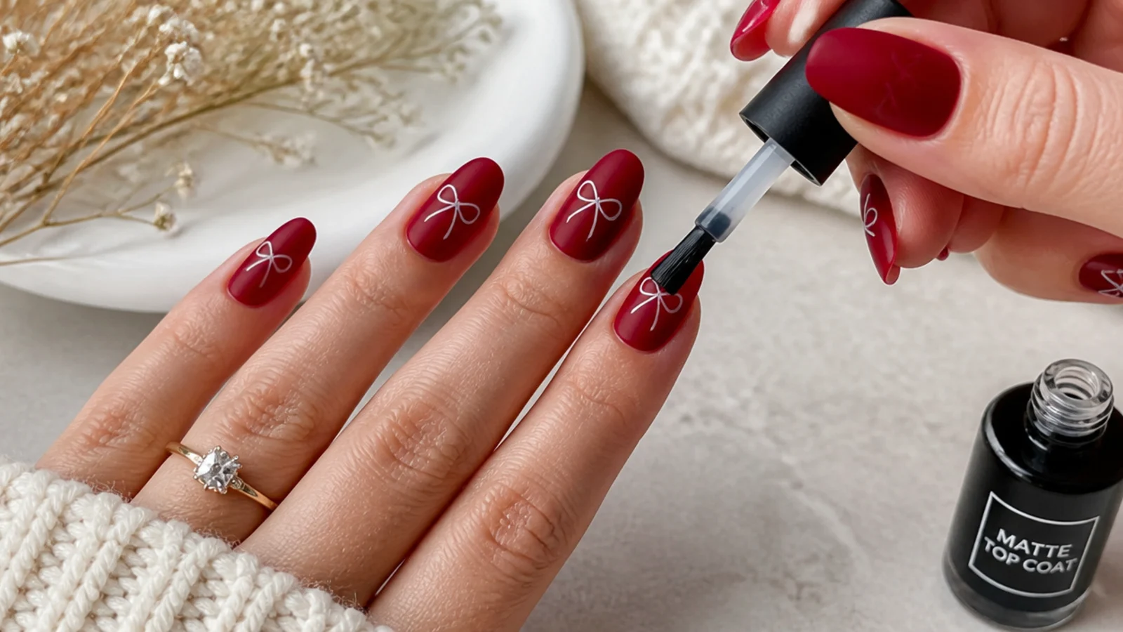 A matte top coat being brushed over red gel nails at home