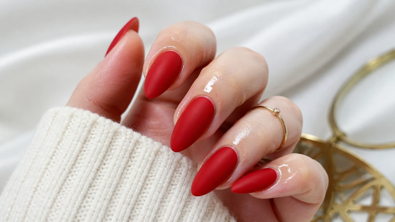 Cuticle oil applied around, not across, matte red nails to avoid shine