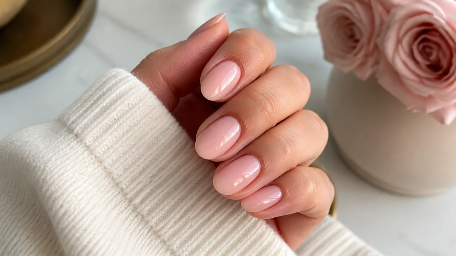 Short almond nails in sheer ballet pink with a natural glossy your-nails-but-better finish