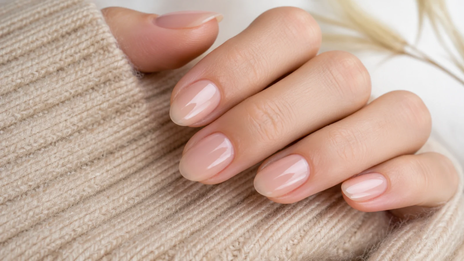 Short almond nails with a glossy translucent soap finish over a bare natural nail