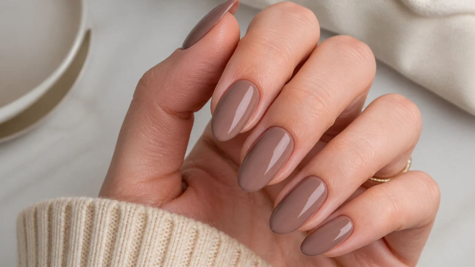 Medium almond nails in a warm milky mocha brown with a glossy cream finish