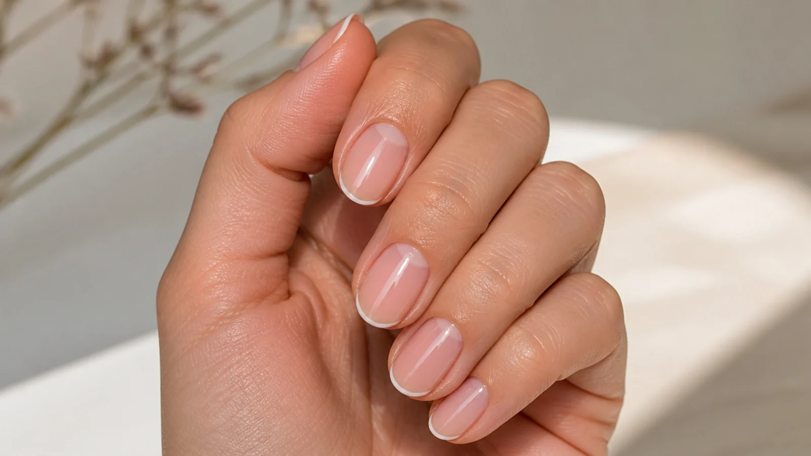 Short almond nails with a hairline white micro French tip on a bare nail