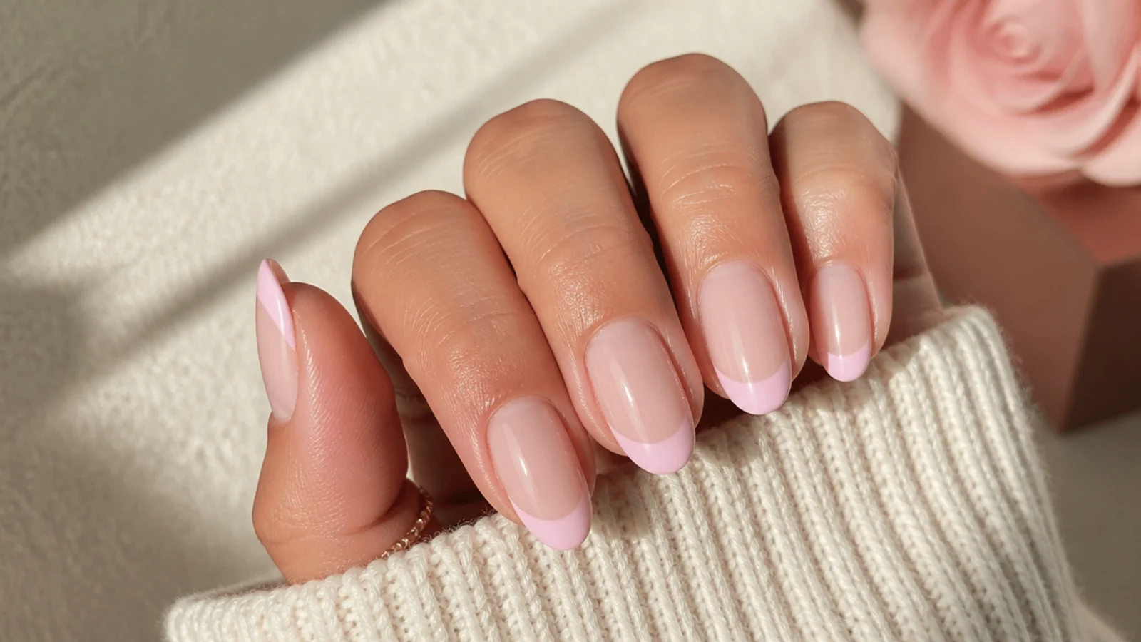 Medium almond nails with a soft pastel pink French tip over a sheer nude base