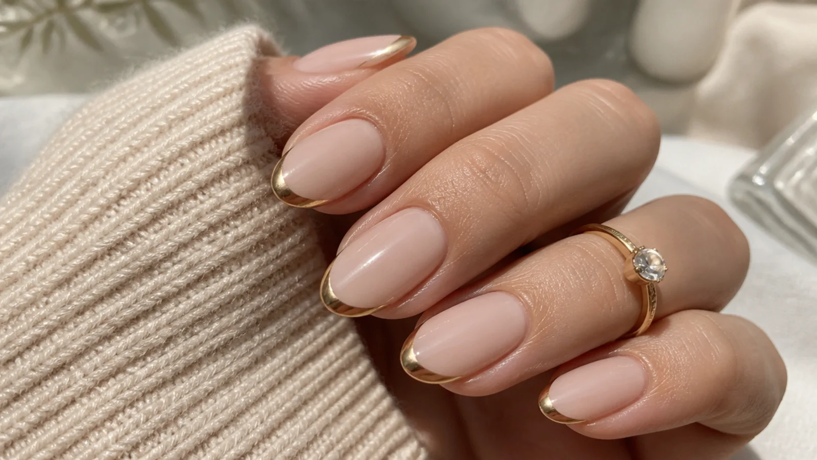 Short almond nails with a thin metallic gold micro French tip over a nude base