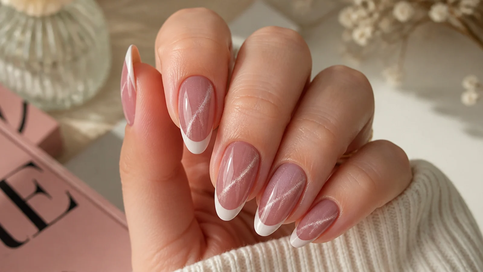 Medium almond nails with a shimmering magnetic cat-eye stripe inside a French tip