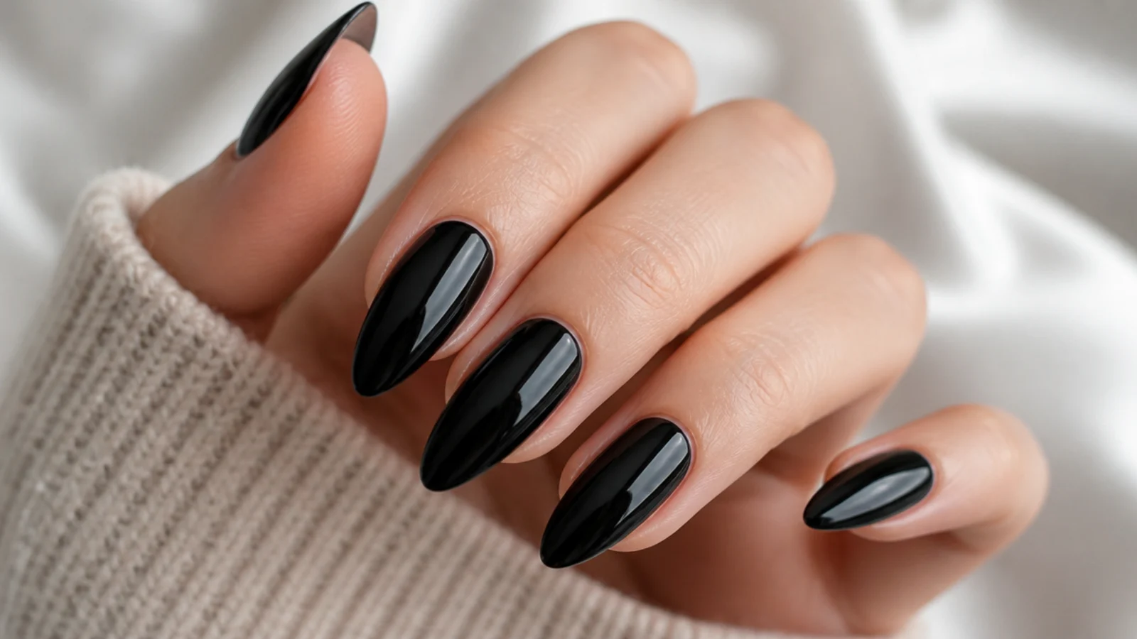 Long glossy black almond nails with tapered sidewalls and a high-shine mirror finish