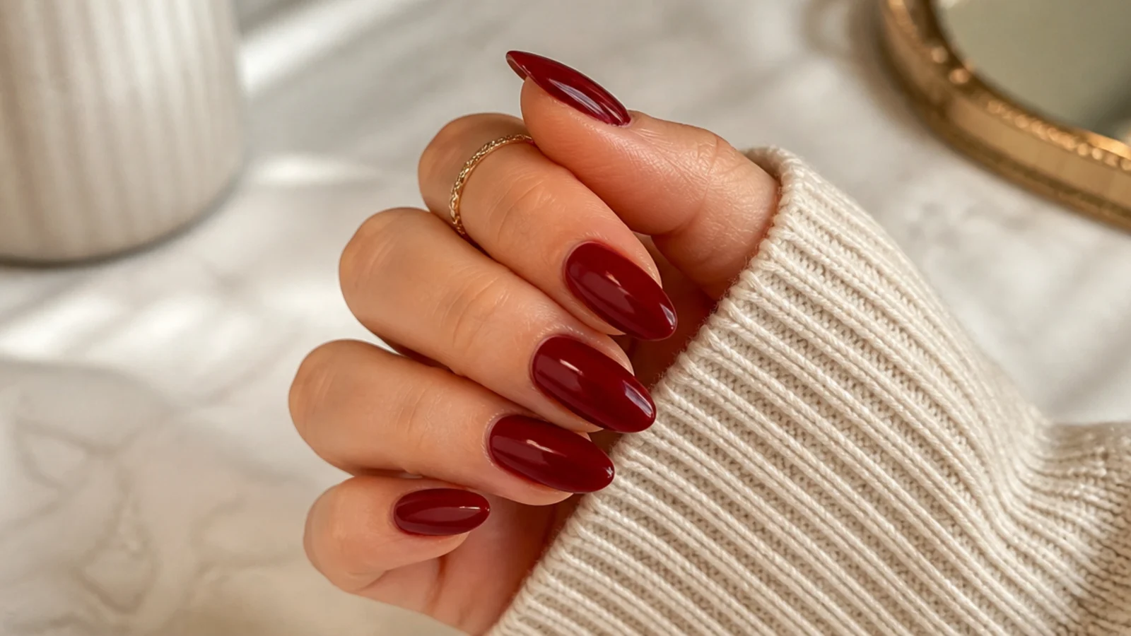 Long cherry red almond nails with a deep glossy finish and a soft rounded point