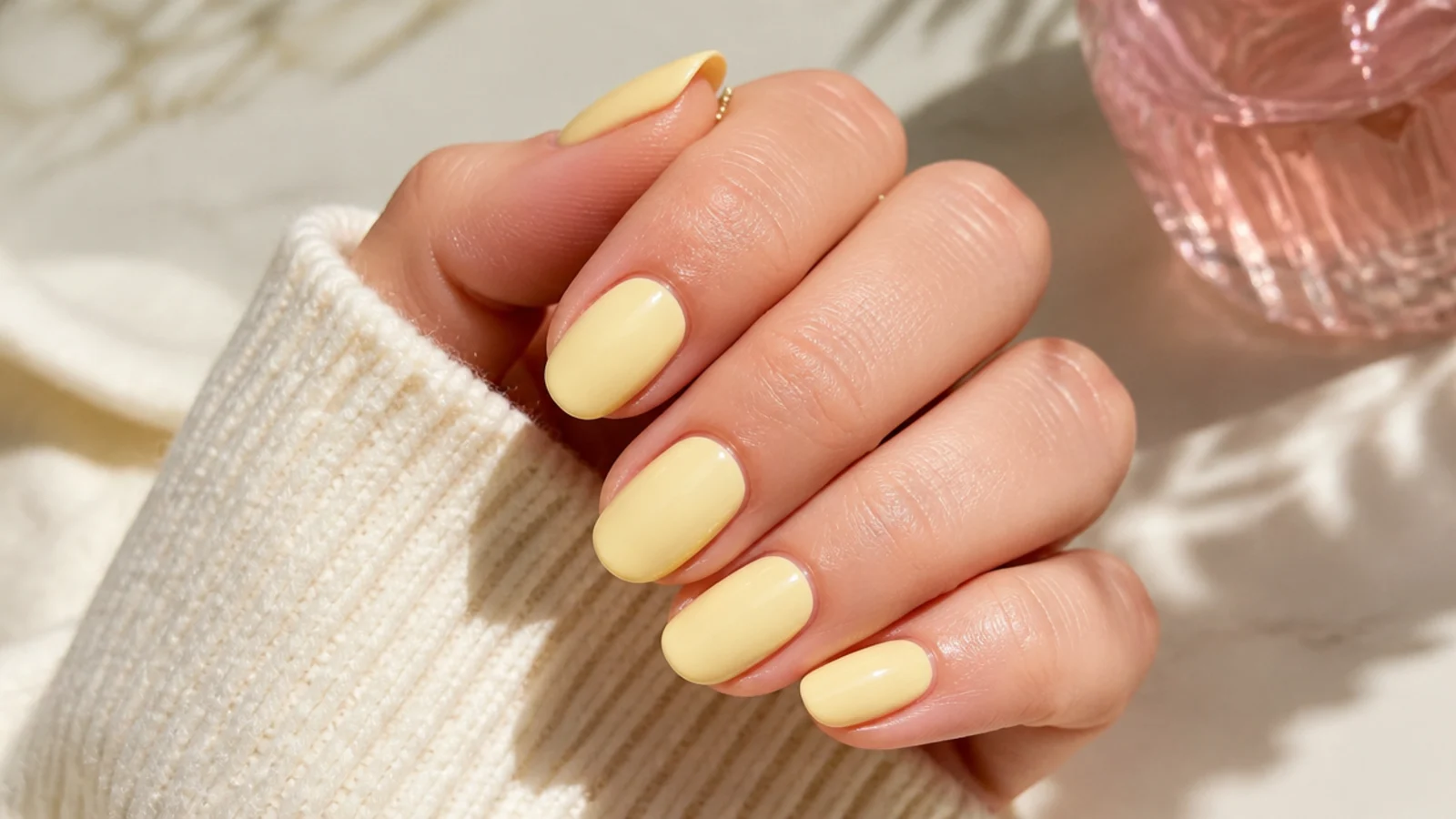Short almond nails in soft pastel butter yellow with a creamy glossy finish
