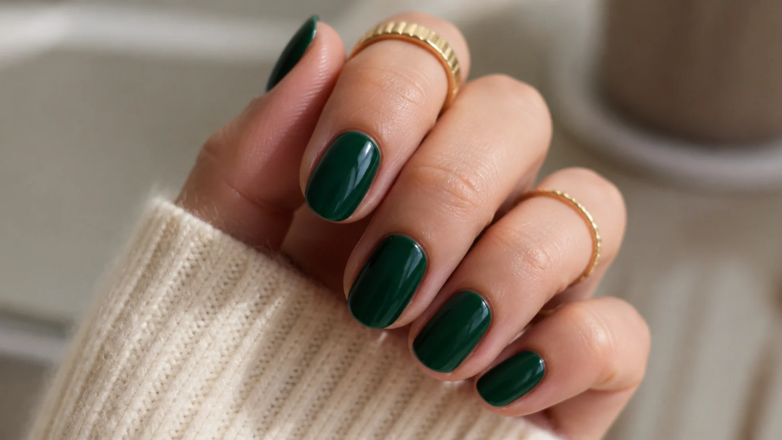 Short almond nails in rich emerald green with a jewel-toned glossy finish