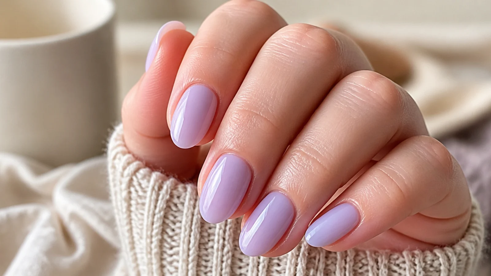 Short almond nails in a soft milky lavender with a translucent glossy finish