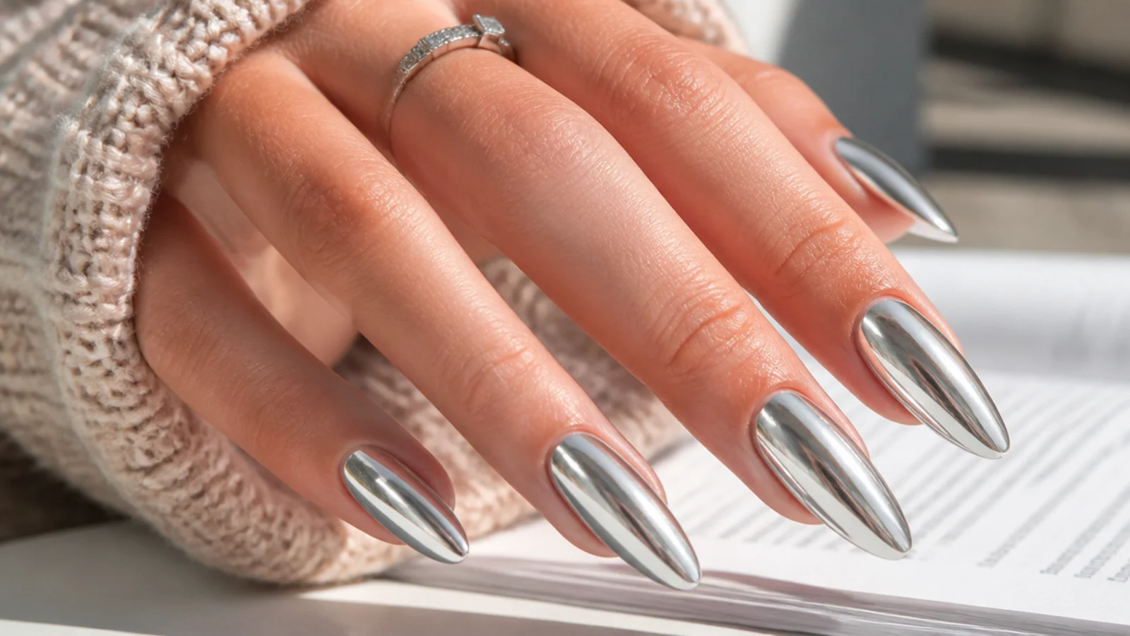Long silver chrome almond nails with a liquid mirror finish and tapered sidewalls