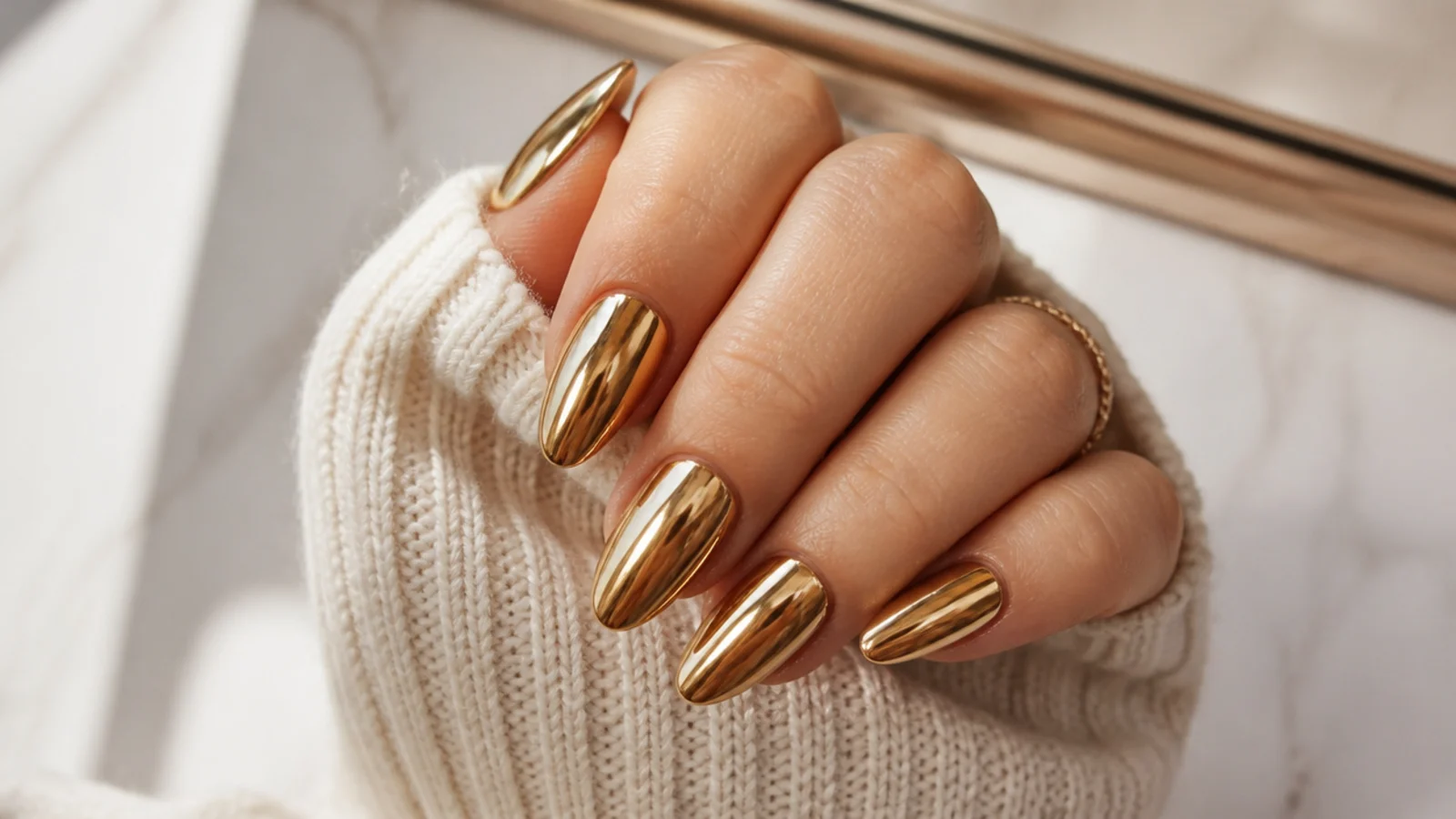 Long almond nails in molten liquid gold chrome with a warm metallic mirror finish