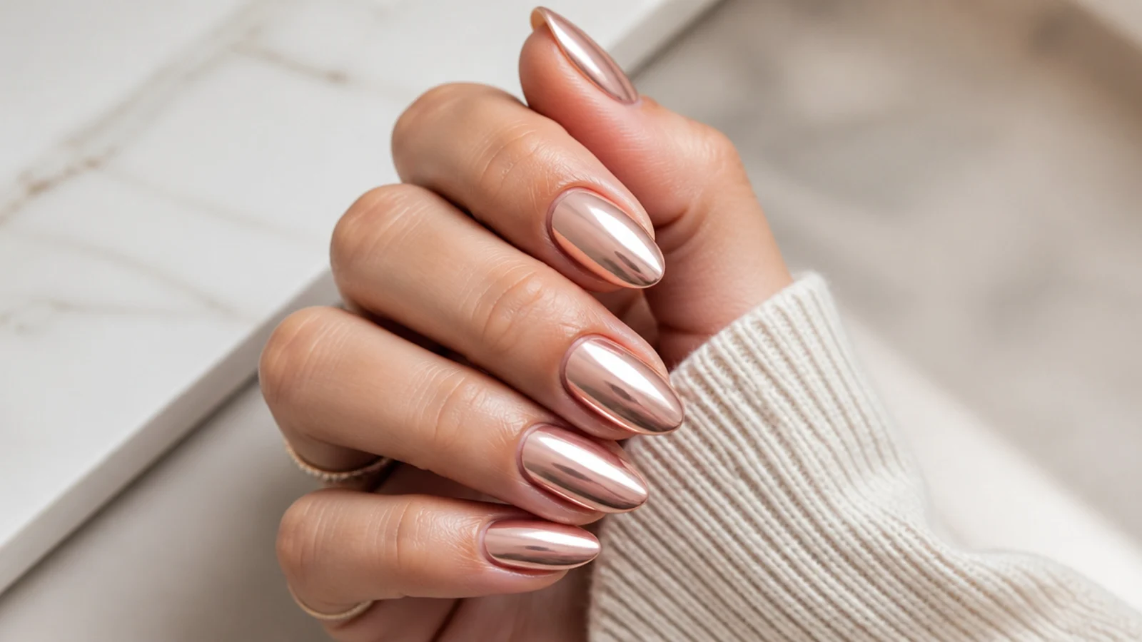 Medium almond nails in warm rose gold chrome with a soft pink metallic sheen