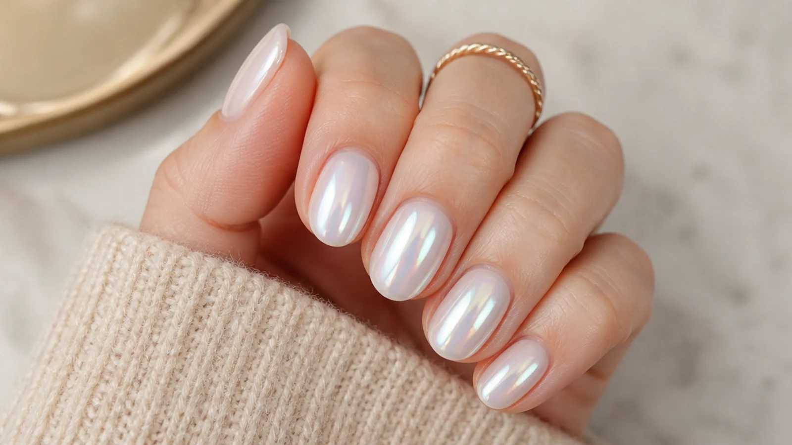 Short almond nails with a soft iridescent pearl glazed-donut sheen over a milky base