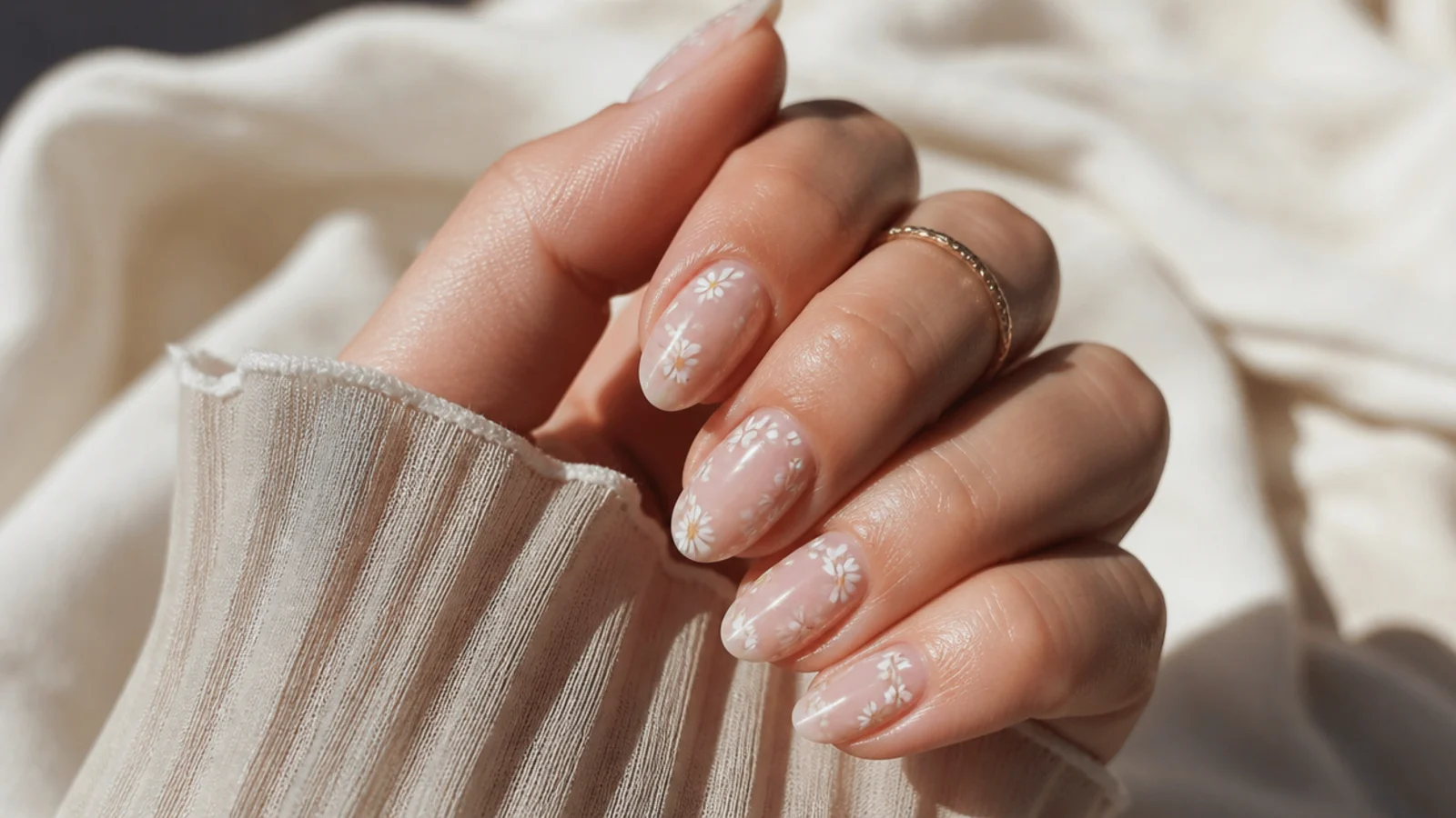 Short almond nails with tiny hand-painted white daisies scattered over a nude base