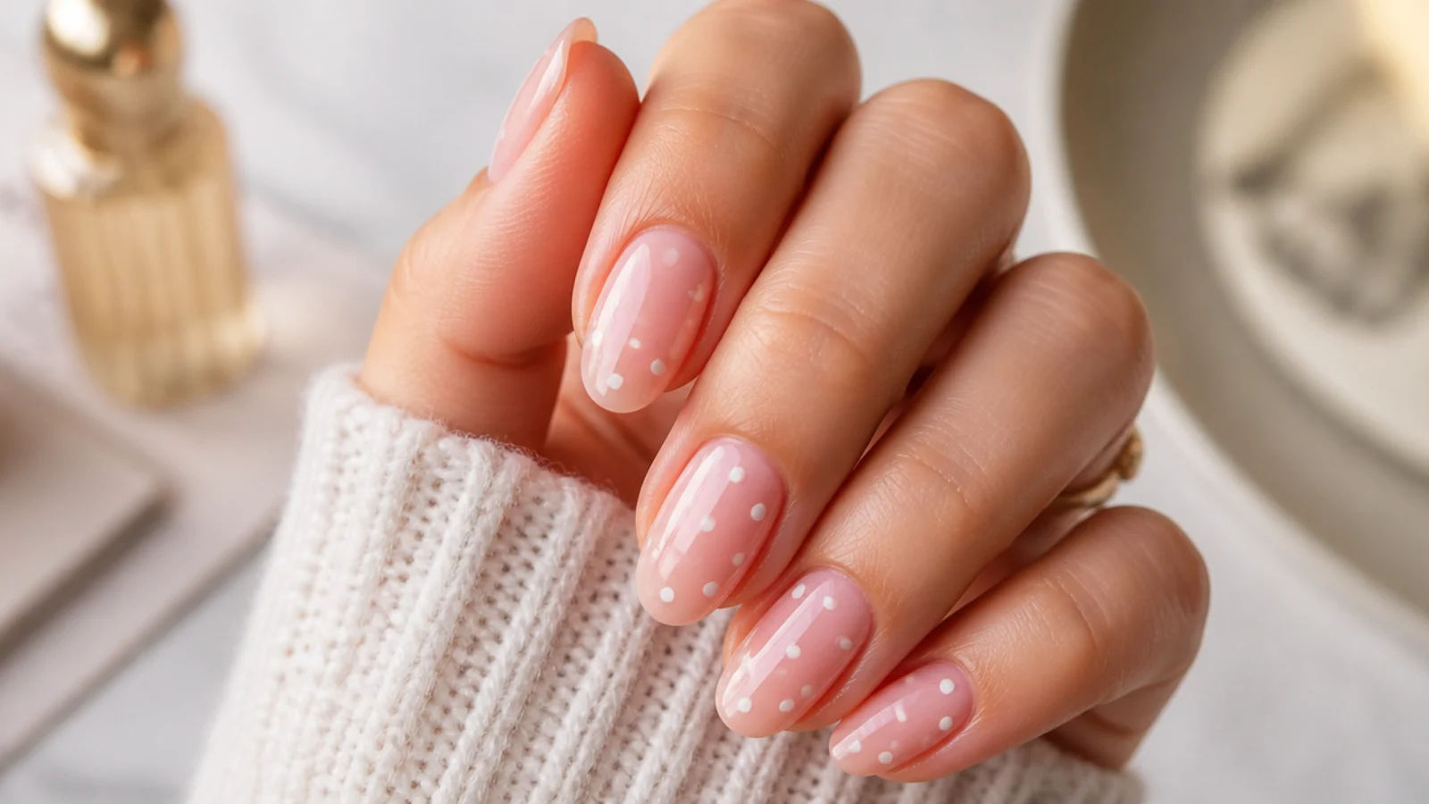 Short almond nails with evenly spaced white polka dots over a sheer pink base