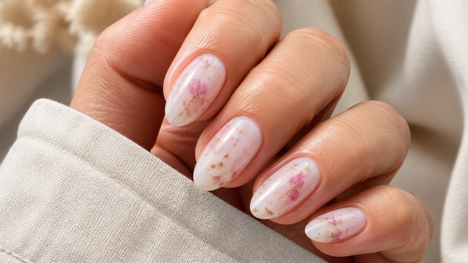 Medium almond nails with tiny dried flower petals suspended under a cloudy milky overlay
