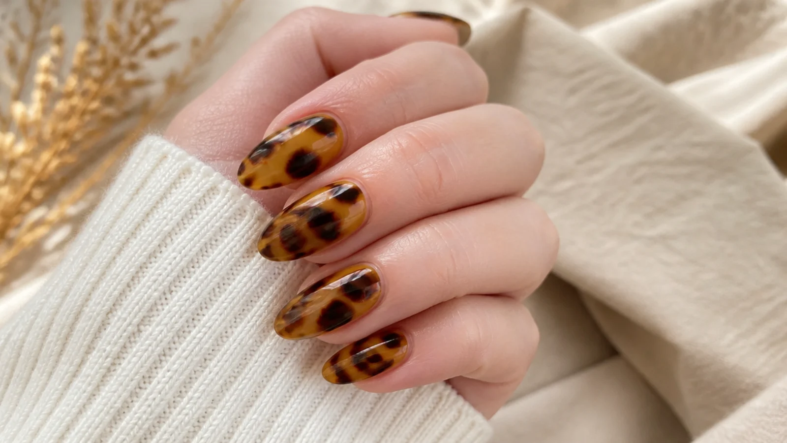 Medium almond nails with amber and dark brown mottled tortoiseshell patches over a honey base
