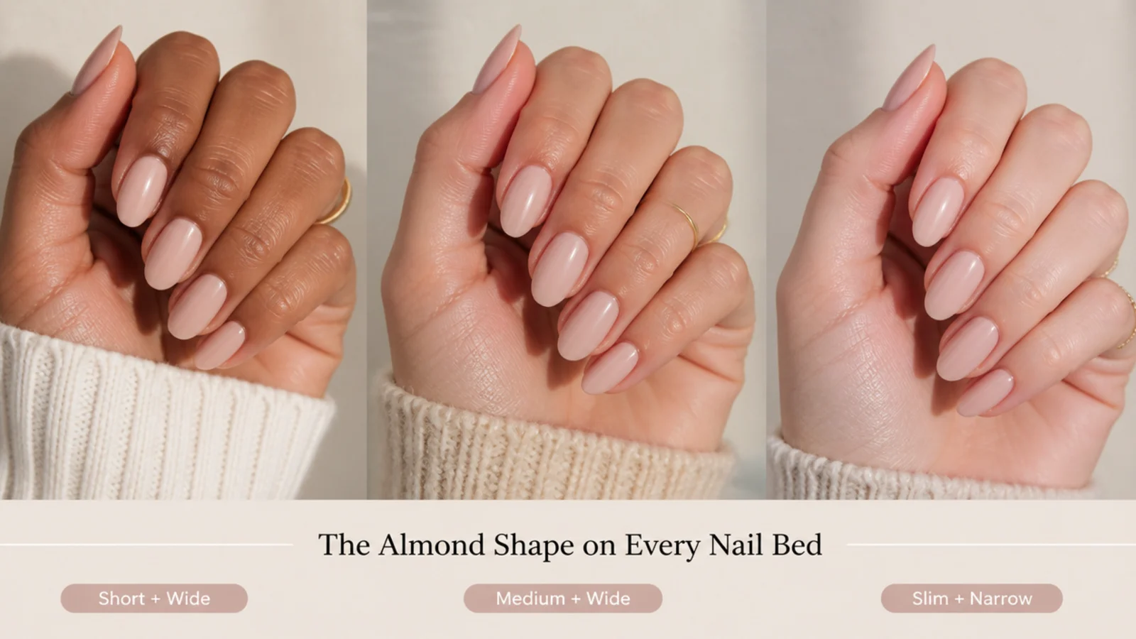 Three hands compared showing short, wide and slim nail beds wearing the almond shape