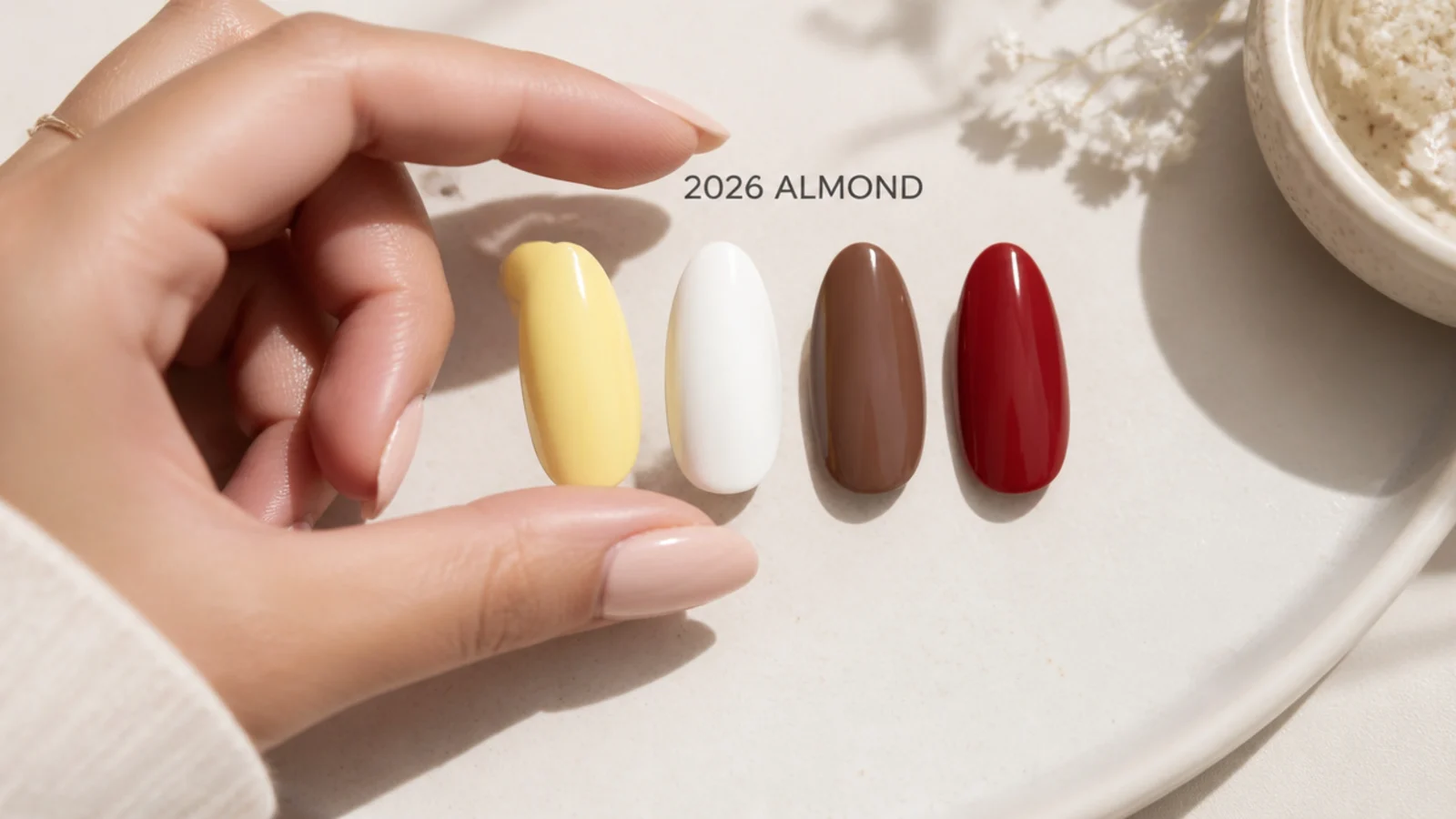 Flat lay of 2026 almond nail swatches in butter yellow, milky white, mocha and cherry red