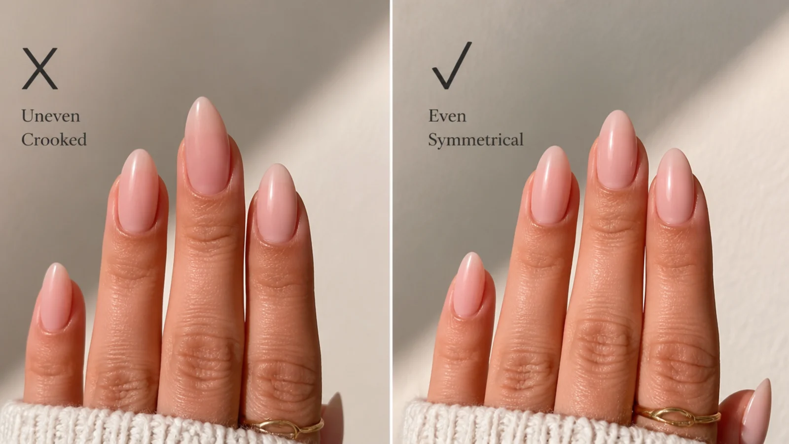 Two almond nails compared, one with a lopsided crooked point and one filed evenly symmetrical
