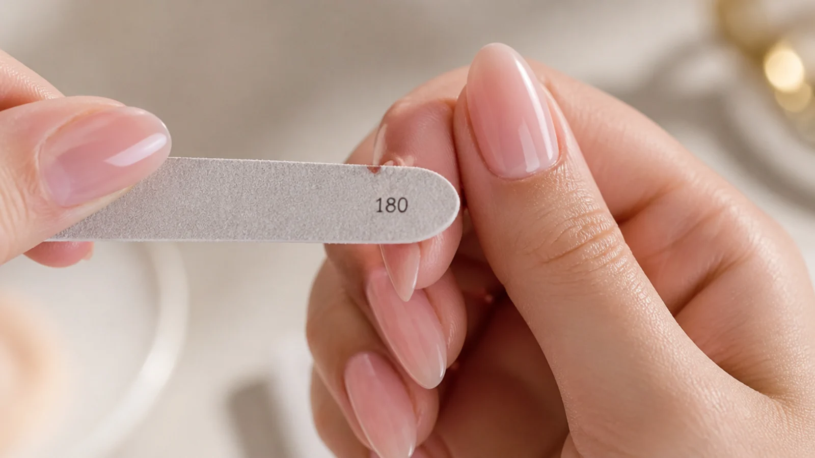 Hand filing an almond nail with a 180 grit file angled in from the sidewall toward the center