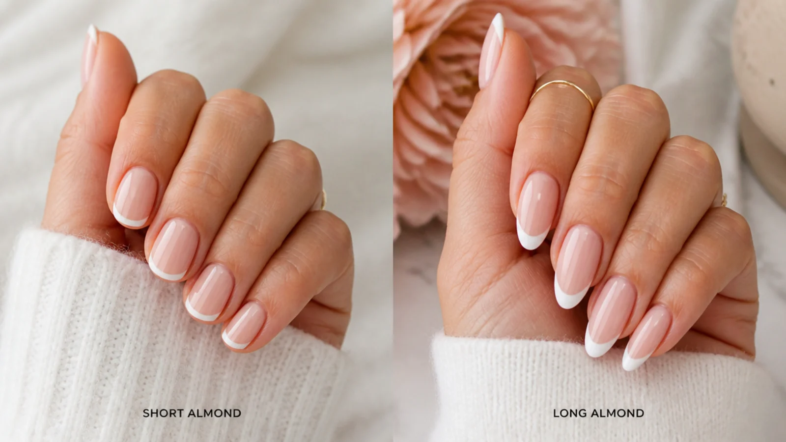 Two hands compared showing short almond nails and long almond nails side by side